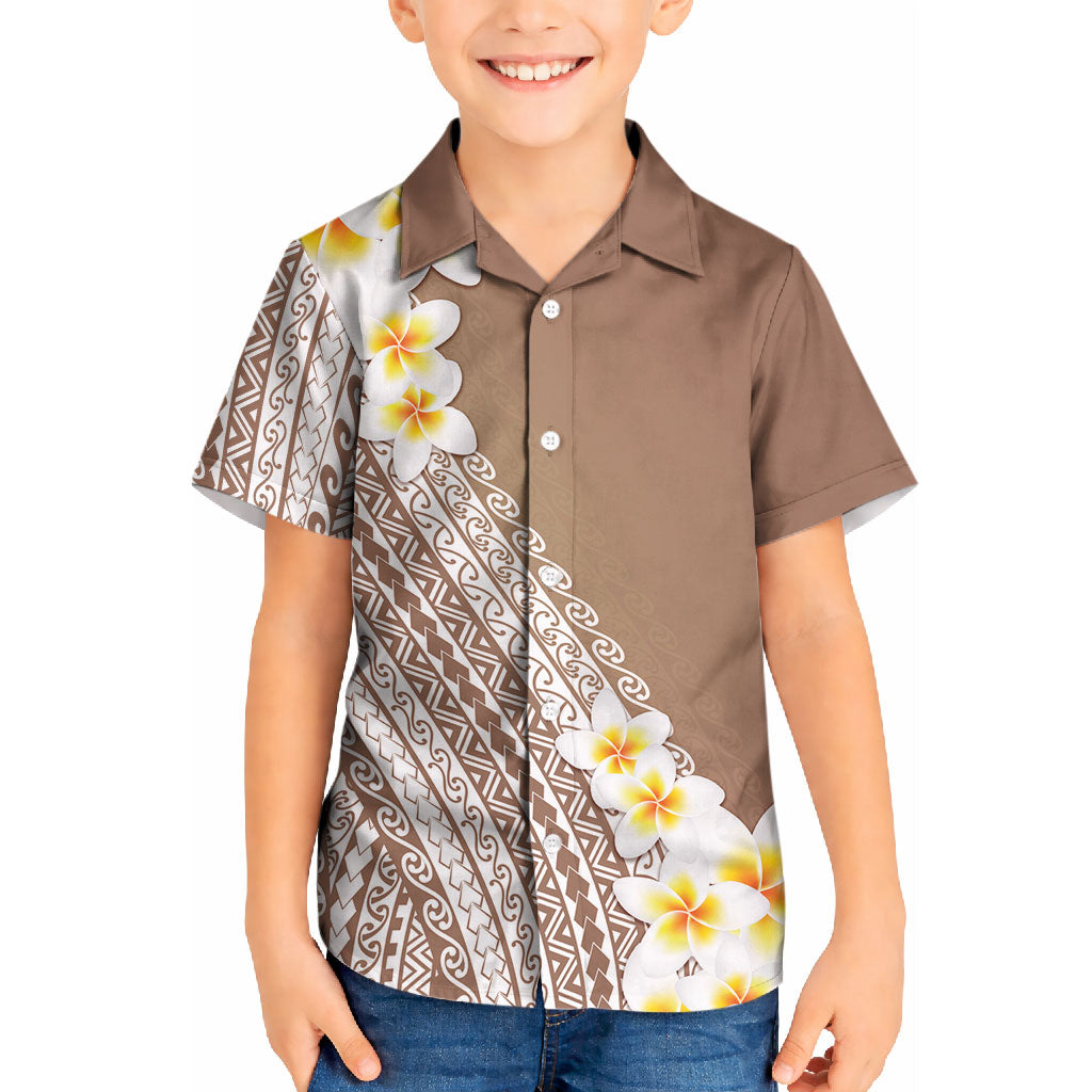 Tahiti Plumeria Tribal Pattern Kid Hawaiian Shirt Wave Style Brown