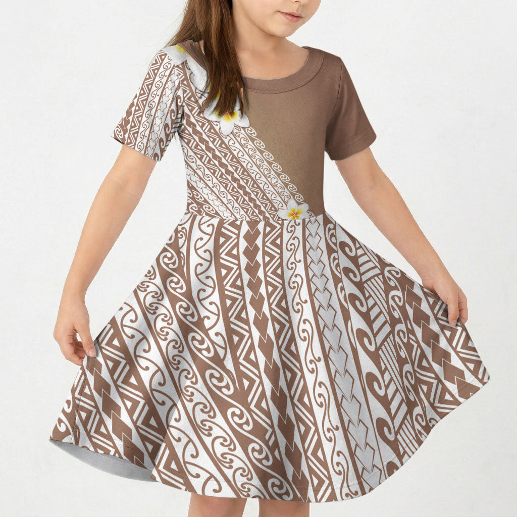 Tahiti Plumeria Tribal Pattern Kid Short Sleeve Dress Wave Style Brown