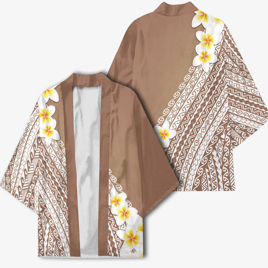 Tahiti Plumeria Tribal Pattern Kimono Wave Style Brown LT05 - Polynesian Pride