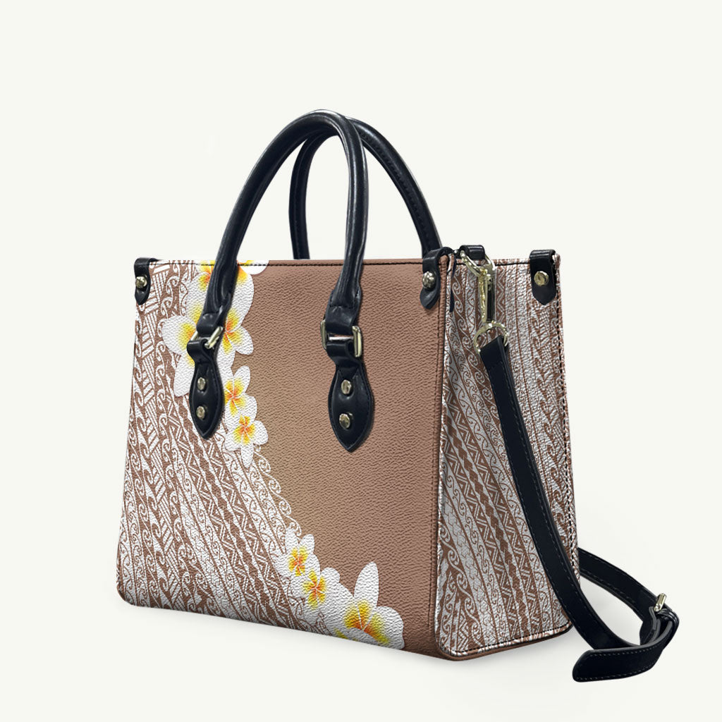 Tahiti Plumeria Tribal Pattern Leather Bag Wave Style Brown