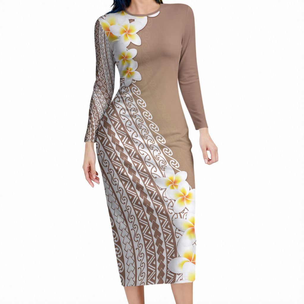 Tahiti Plumeria Tribal Pattern Long Sleeve Bodycon Dress Wave Style Brown