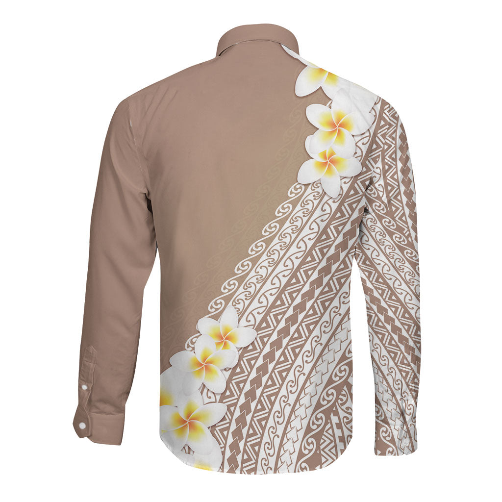 Tahiti Plumeria Tribal Pattern Long Sleeve Button Shirt Wave Style Brown LT05 - Polynesian Pride