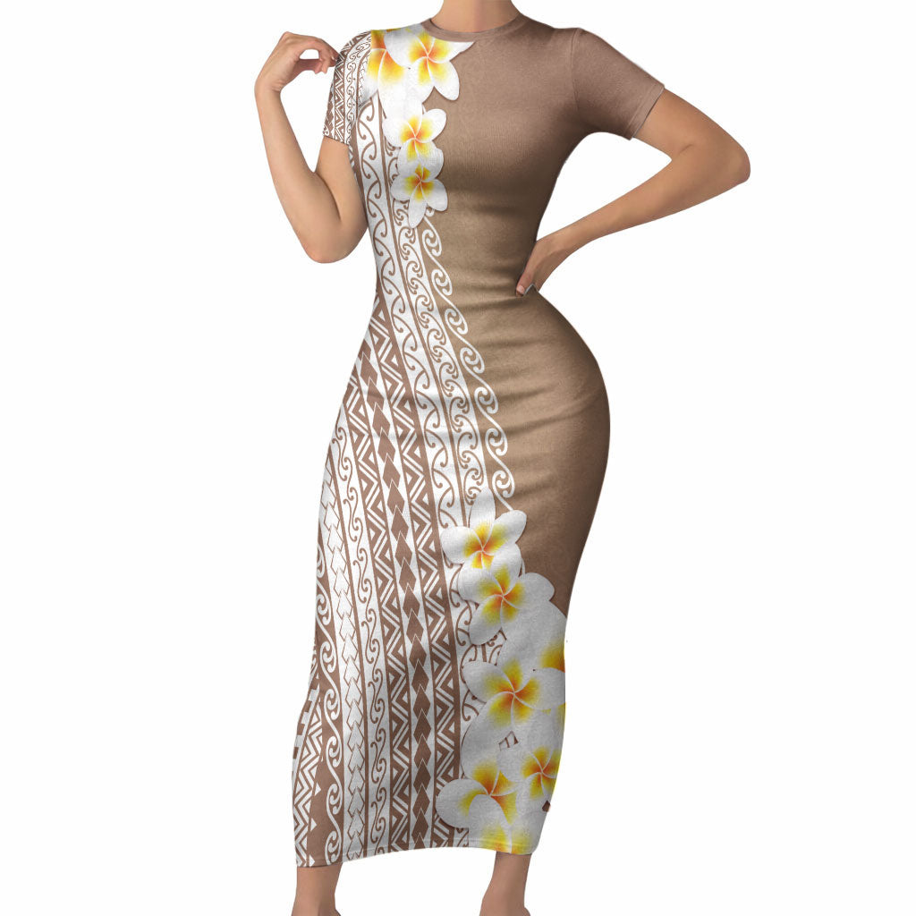 Tahiti Plumeria Tribal Pattern Short Sleeve Bodycon Dress Wave Style Brown