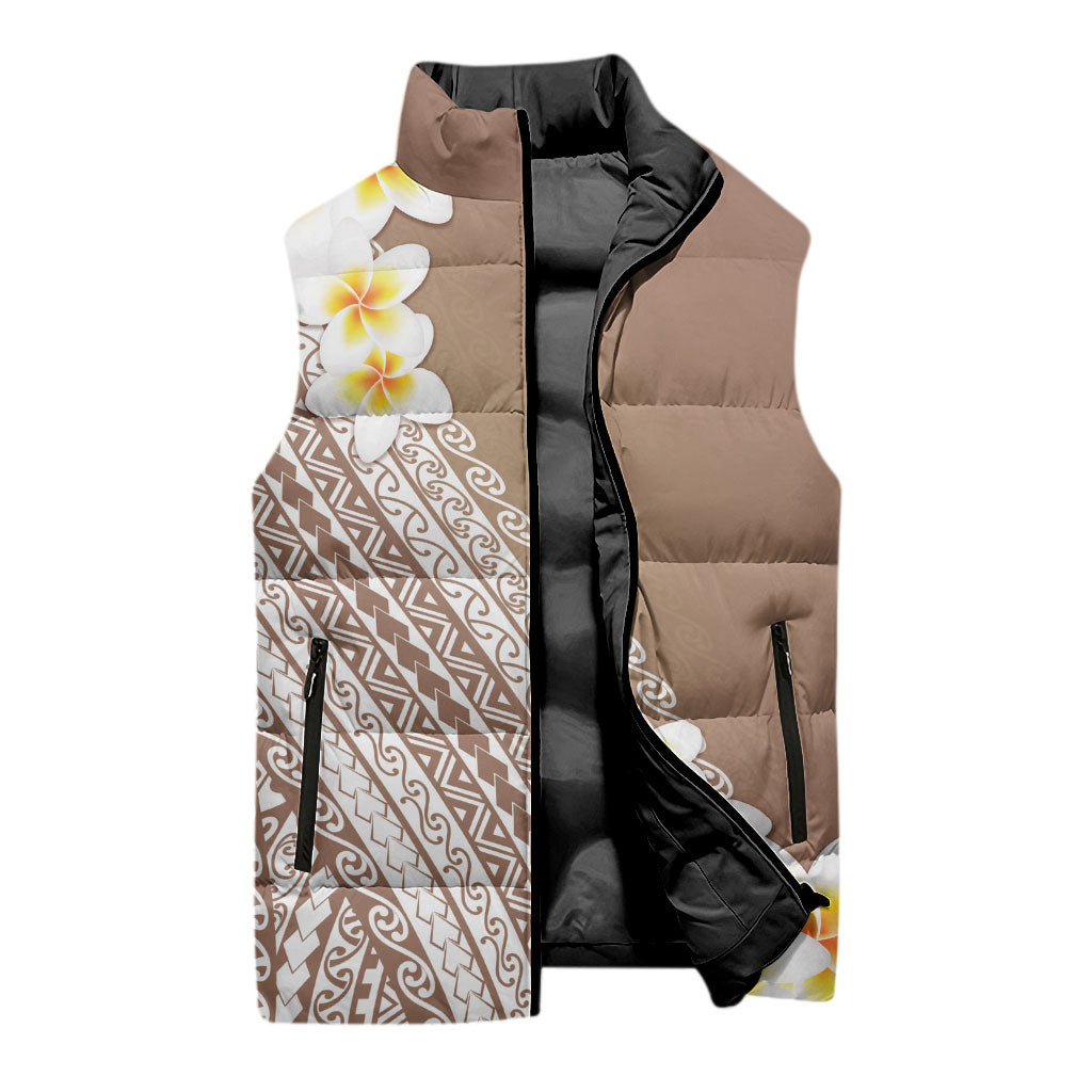 Tahiti Plumeria Tribal Pattern Sleeveless Puffer Jacket Wave Style Brown LT05 - Polynesian Pride