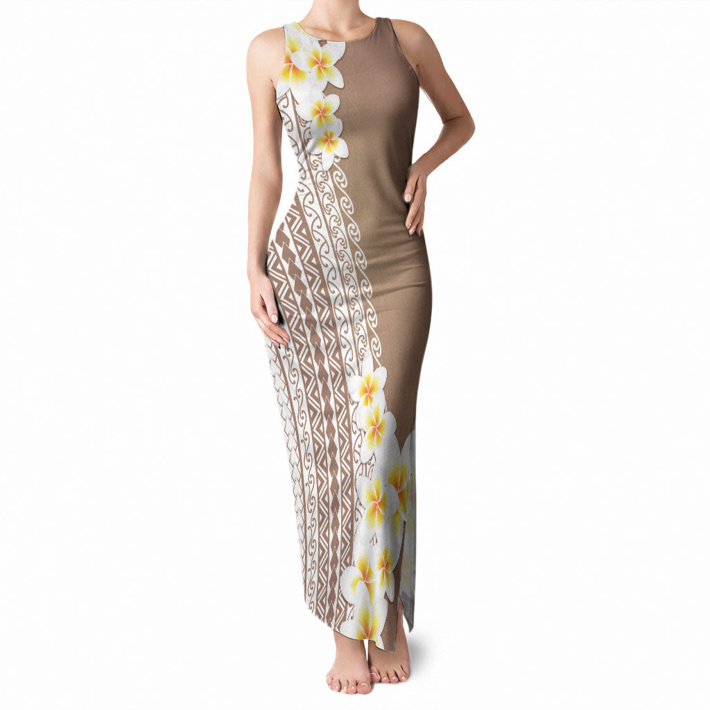 Tahiti Plumeria Tribal Pattern Tank Maxi Dress Wave Style Brown