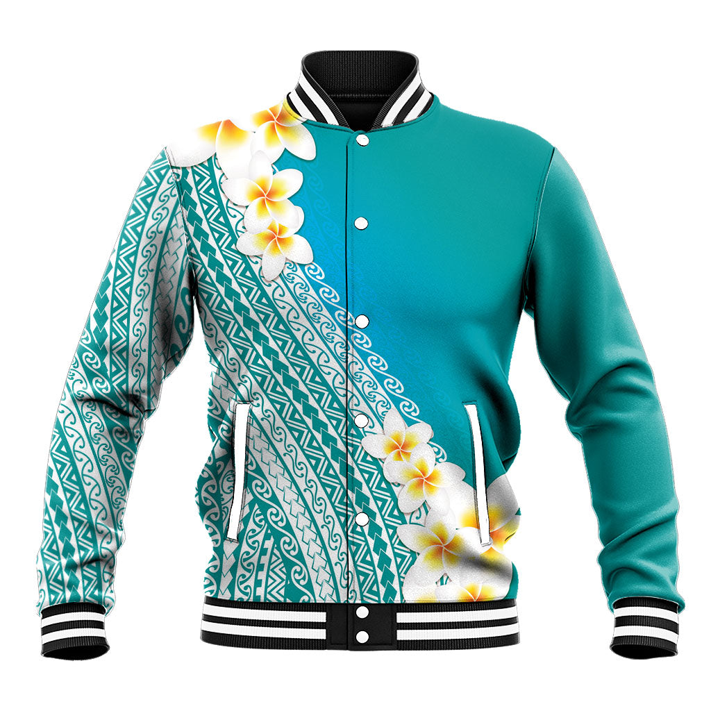 Tahiti Plumeria Tribal Pattern Baseball Jacket Wave Style Turquoise