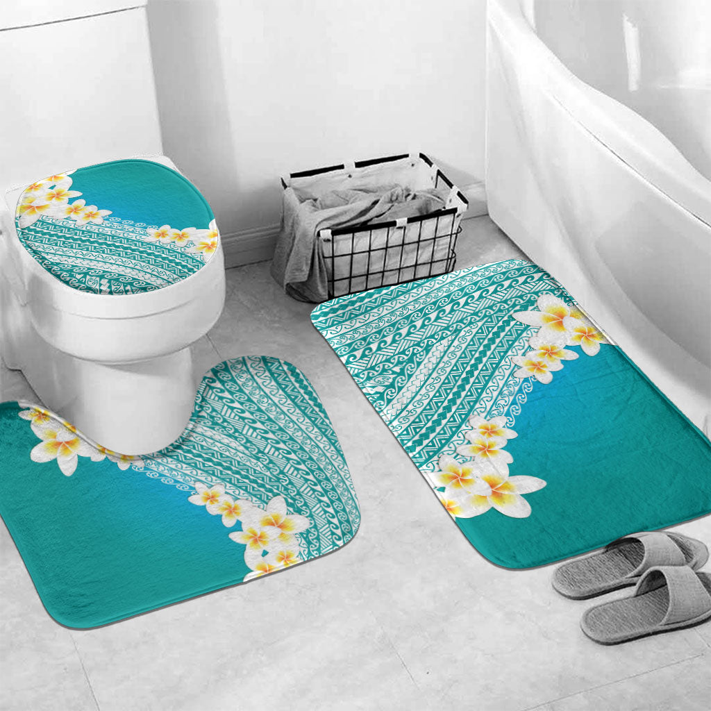Tahiti Plumeria Tribal Pattern Bathroom Set Wave Style Turquoise LT05 Mat Set Only (3 pcs) One Size Turquoise - Polynesian Pride