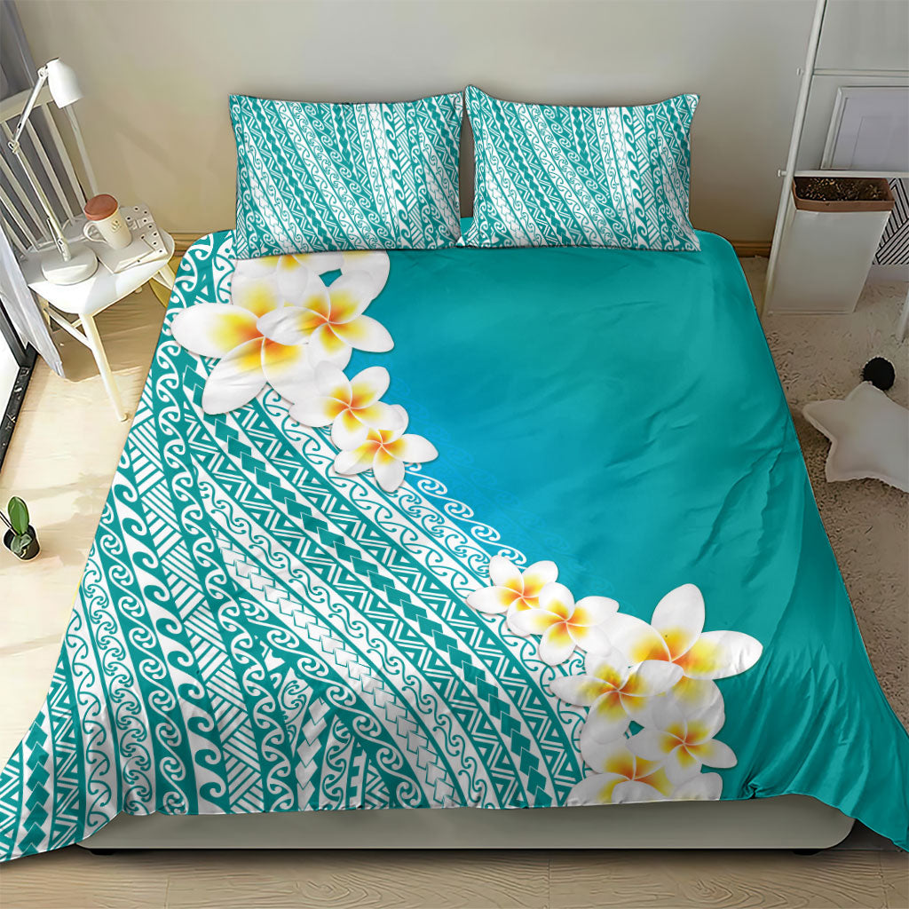 Tahiti Plumeria Tribal Pattern Bedding Set Wave Style Turquoise LT05 - Polynesian Pride