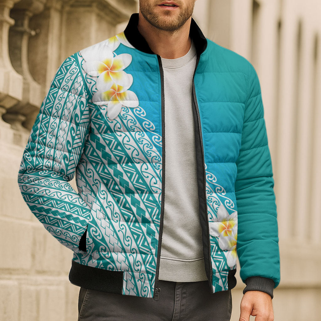 Tahiti Plumeria Tribal Pattern Bomber Puffer Jacket Wave Style Turquoise LT05 - Polynesian Pride