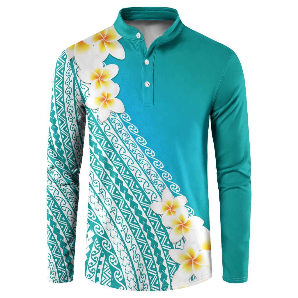 Tahiti Plumeria Tribal Pattern Button Sweatshirt Wave Style Turquoise