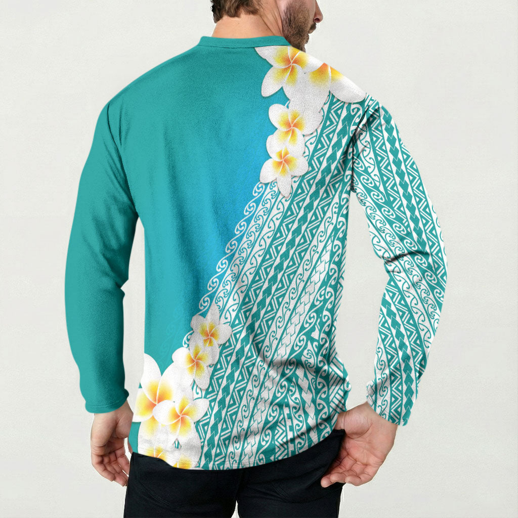 Tahiti Plumeria Tribal Pattern Button Sweatshirt Wave Style Turquoise LT05 - Polynesian Pride