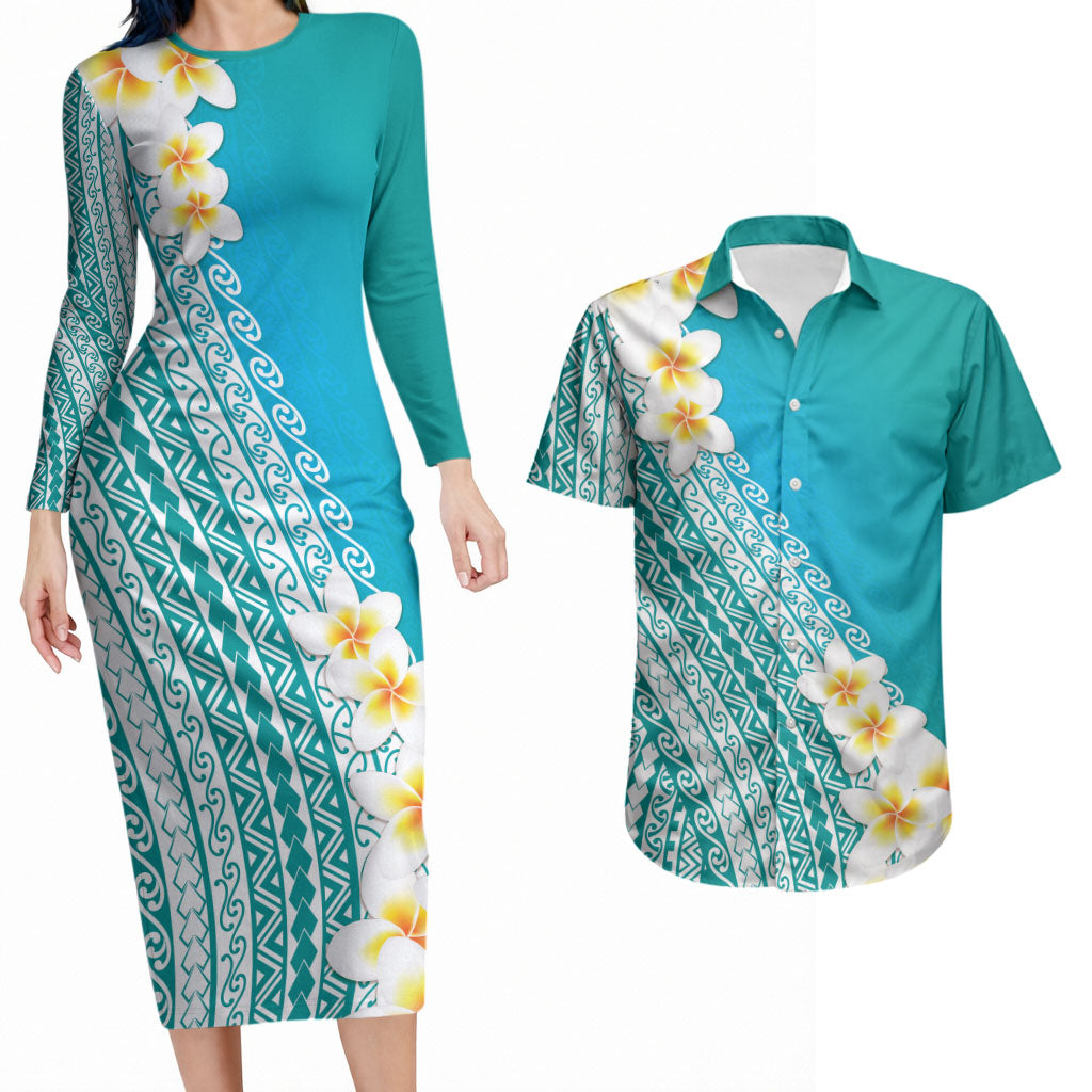 Tahiti Plumeria Tribal Pattern Couples Matching Long Sleeve Bodycon Dress and Hawaiian Shirt Wave Style Turquoise LT05 Turquoise - Polynesian Pride