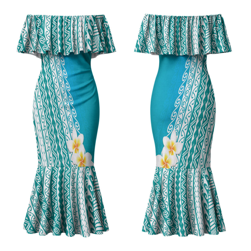Tahiti Plumeria Tribal Pattern Couples Matching Mermaid Dress and Hawaiian Shirt Wave Style Turquoise LT05 - Polynesian Pride