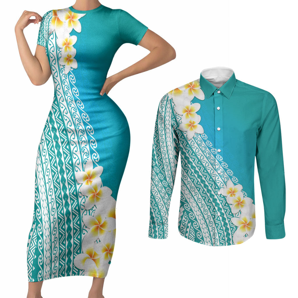 Tahiti Plumeria Tribal Pattern Couples Matching Short Sleeve Bodycon Dress and Long Sleeve Button Shirt Wave Style Turquoise LT05 Turquoise - Polynesian Pride