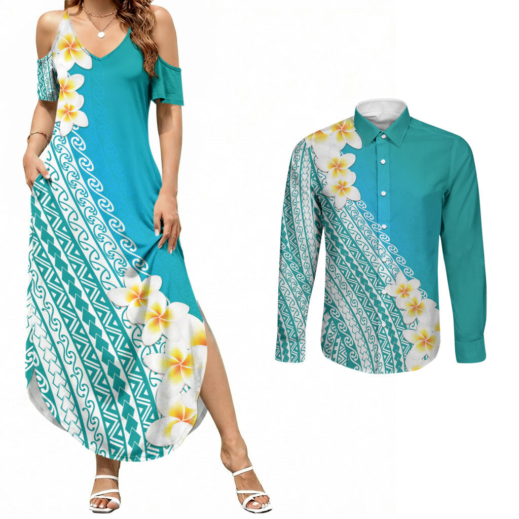 Tahiti Plumeria Tribal Pattern Couples Matching Summer Maxi Dress and Long Sleeve Button Shirt Wave Style Turquoise LT05 Turquoise - Polynesian Pride