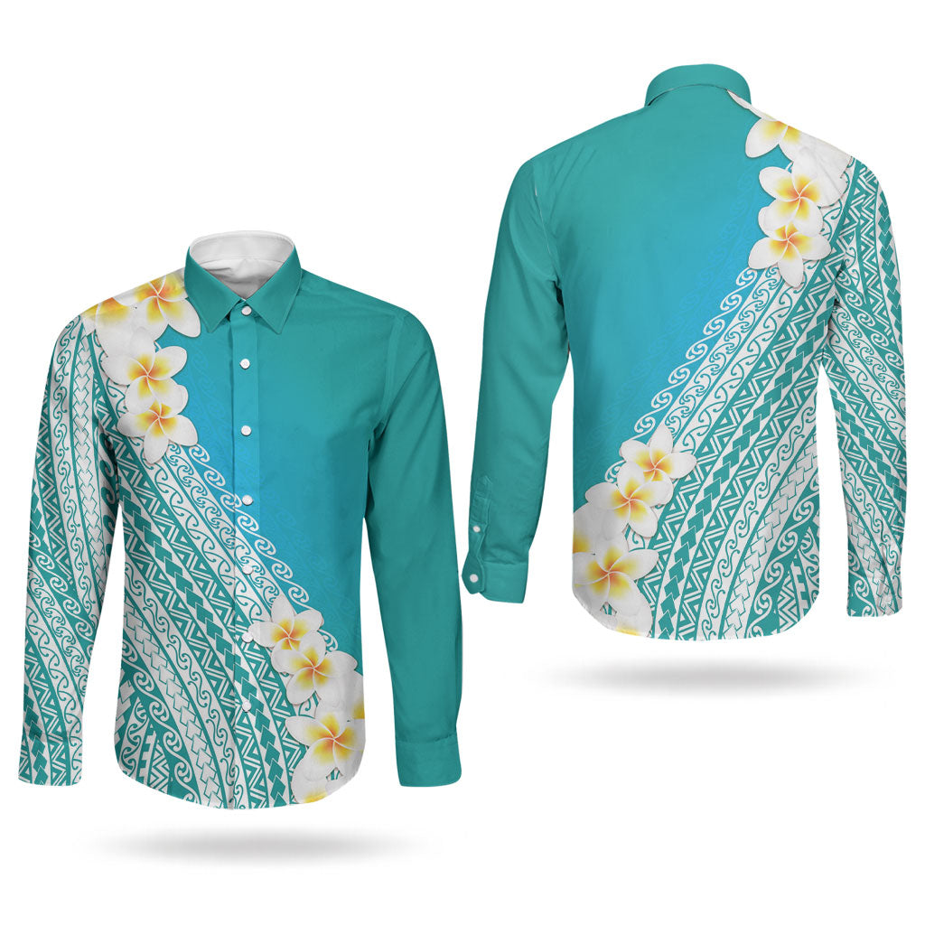 Tahiti Plumeria Tribal Pattern Couples Matching Tank Maxi Dress and Long Sleeve Button Shirt Wave Style Turquoise LT05 - Polynesian Pride