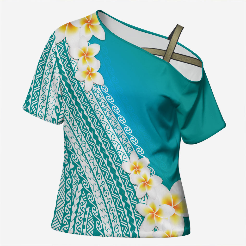 Tahiti Plumeria Tribal Pattern Cross Shoulder Shirt Wave Style Turquoise LT05 Female Turquoise - Polynesian Pride