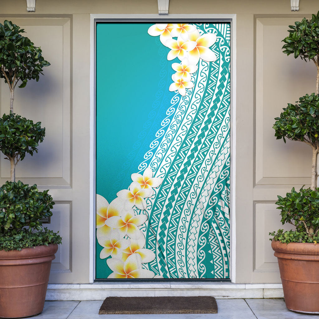 Tahiti Plumeria Tribal Pattern Door Cover Wave Style Turquoise