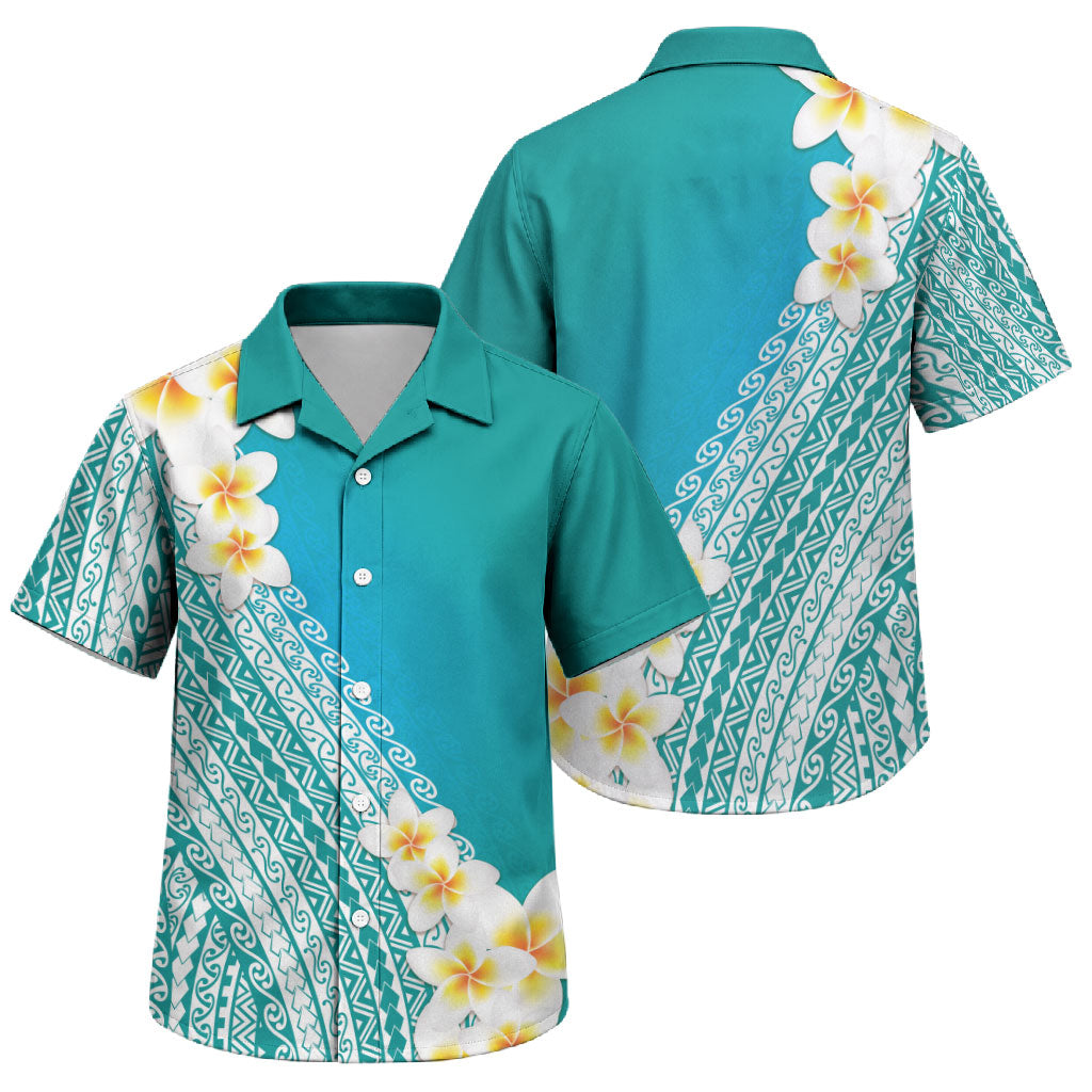 Tahiti Plumeria Tribal Pattern Family Matching Mermaid Dress and Hawaiian Shirt Wave Style Turquoise LT05 Son's Shirt Turquoise - Polynesian Pride