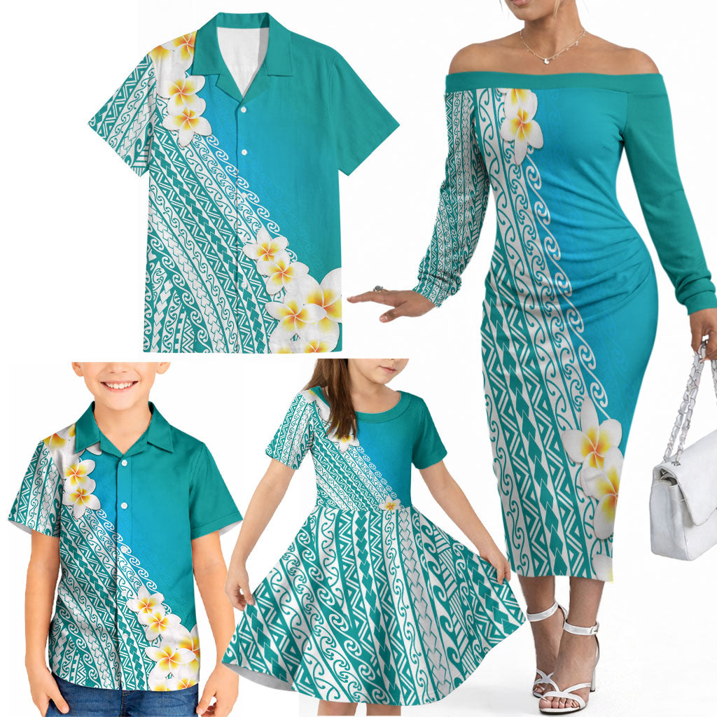 Tahiti Plumeria Tribal Pattern Family Matching Off The Shoulder Long Sleeve Dress and Hawaiian Shirt Wave Style Turquoise LT05 - Polynesian Pride