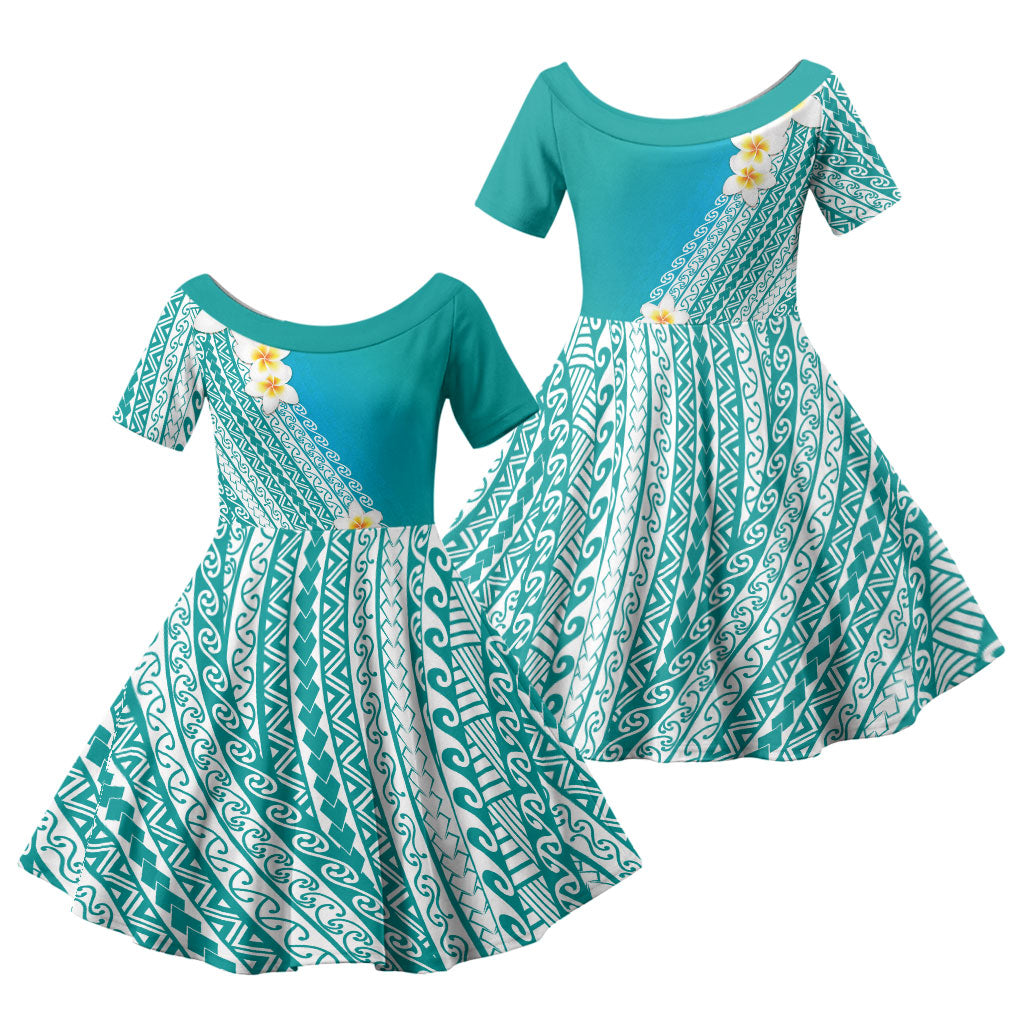 Tahiti Plumeria Tribal Pattern Family Matching Off Shoulder Maxi Dress and Hawaiian Shirt Wave Style Turquoise LT05 Daughter's Dress Turquoise - Polynesian Pride