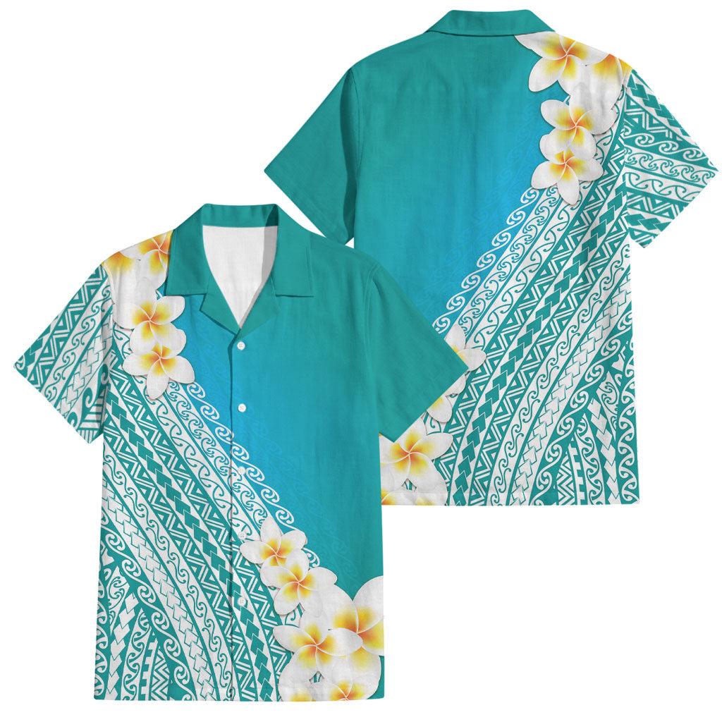 Tahiti Plumeria Tribal Pattern Family Matching Off Shoulder Short Dress and Hawaiian Shirt Wave Style Turquoise LT05 Dad's Shirt - Short Sleeve Turquoise - Polynesian Pride