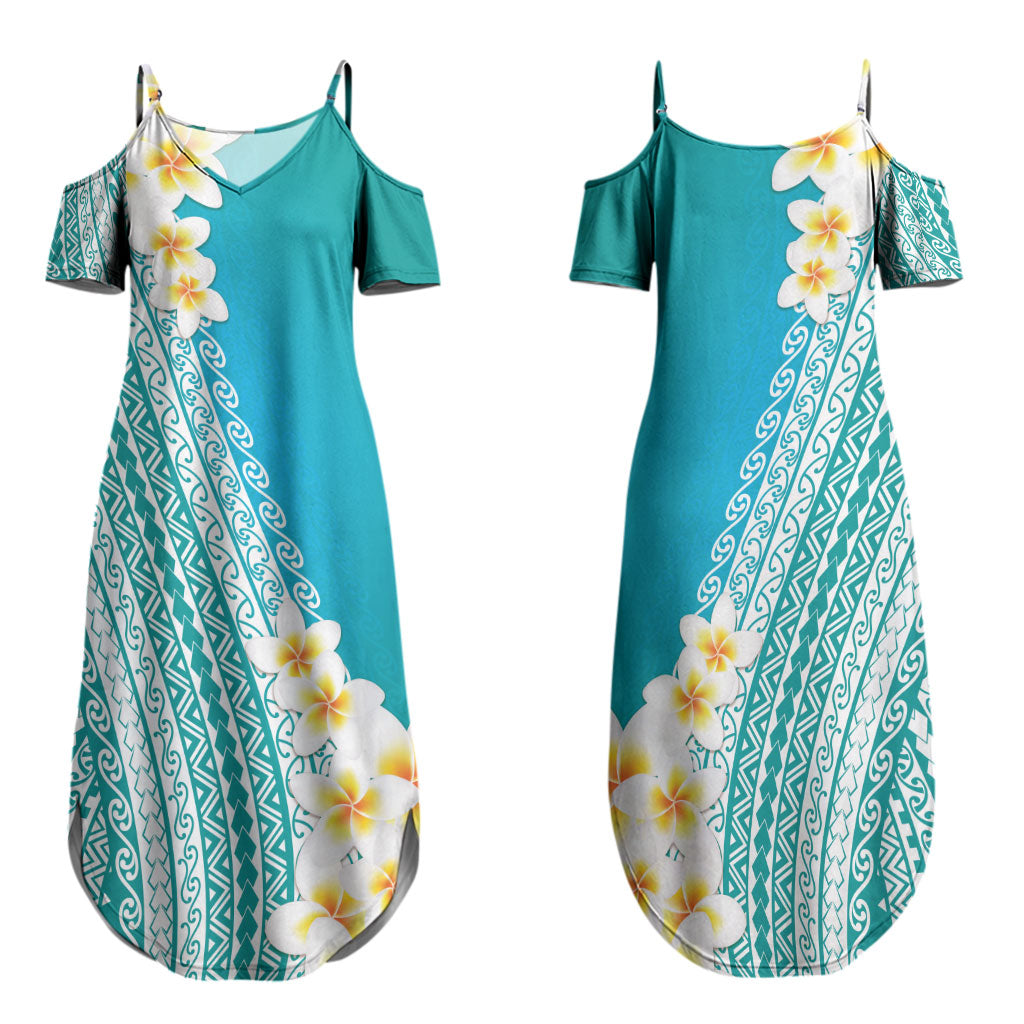 Tahiti Plumeria Tribal Pattern Family Matching Summer Maxi Dress and Hawaiian Shirt Wave Style Turquoise LT05 Mom's Dress Turquoise - Polynesian Pride