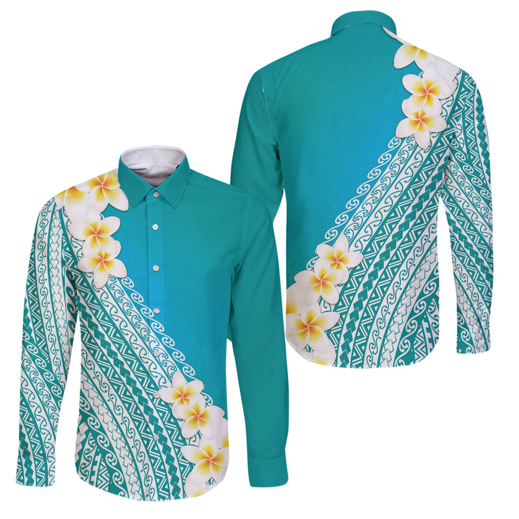 Tahiti Plumeria Tribal Pattern Family Matching Summer Maxi Dress and Hawaiian Shirt Wave Style Turquoise LT05 Dad's Shirt - Long Sleeve Turquoise - Polynesian Pride