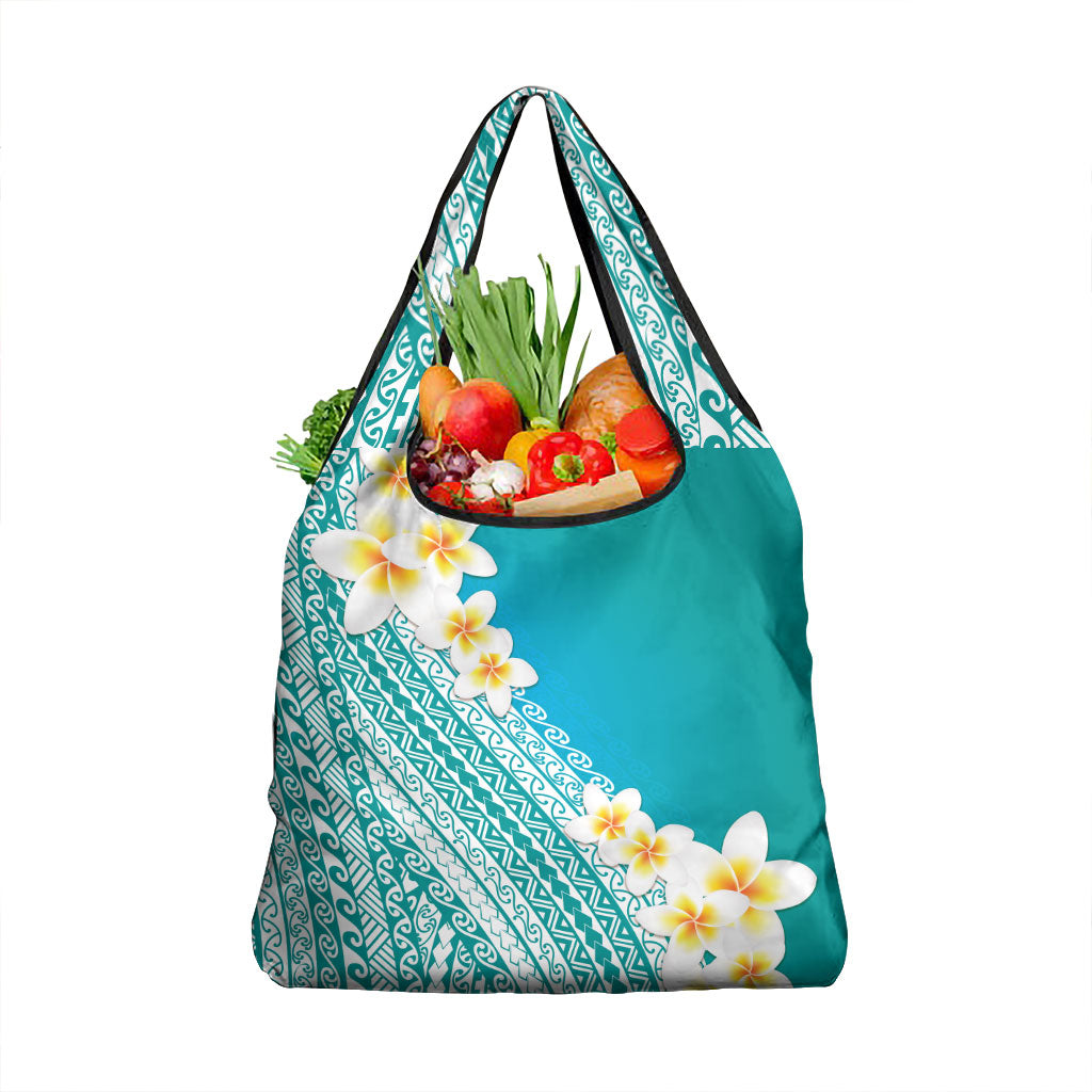 Tahiti Plumeria Tribal Pattern Grocery Bag Wave Style Turquoise