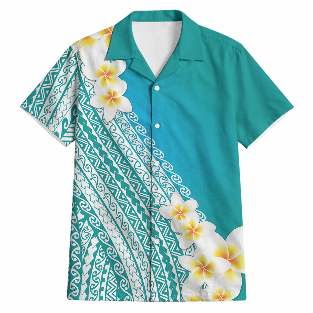 Tahiti Plumeria Tribal Pattern Hawaiian Shirt Wave Style Turquoise