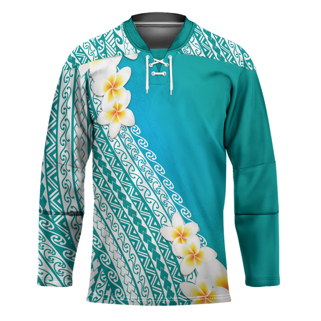 Tahiti Plumeria Tribal Pattern Hockey Jersey Wave Style Turquoise LT05 Unisex Turquoise - Polynesian Pride