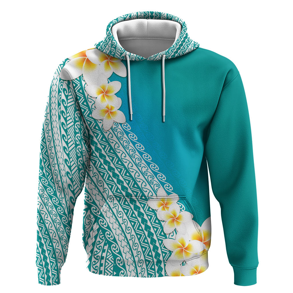 Tahiti Plumeria Tribal Pattern Hoodie Wave Style Turquoise LT05 Pullover Hoodie Turquoise - Polynesian Pride