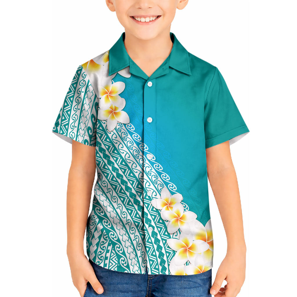 Tahiti Plumeria Tribal Pattern Kid Hawaiian Shirt Wave Style Turquoise