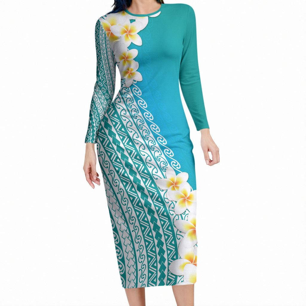Tahiti Plumeria Tribal Pattern Long Sleeve Bodycon Dress Wave Style Turquoise