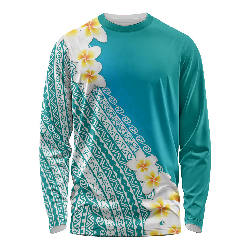 Tahiti Plumeria Tribal Pattern Long Sleeve Shirt Wave Style Turquoise LT05 Unisex Turquoise - Polynesian Pride