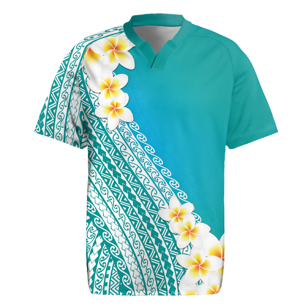Tahiti Plumeria Tribal Pattern Rugby Jersey Wave Style Turquoise