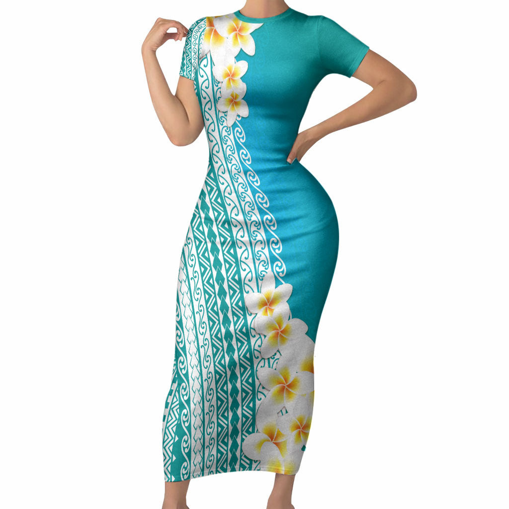 Tahiti Plumeria Tribal Pattern Short Sleeve Bodycon Dress Wave Style Turquoise