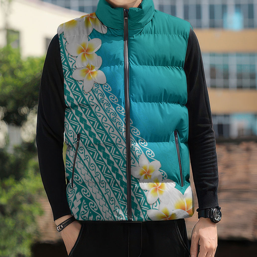 Tahiti Plumeria Tribal Pattern Sleeveless Puffer Jacket Wave Style Turquoise LT05 - Polynesian Pride