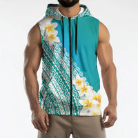 Tahiti Plumeria Tribal Pattern Sleeveless Zip Hoodie Wave Style Turquoise LT05 - Polynesian Pride