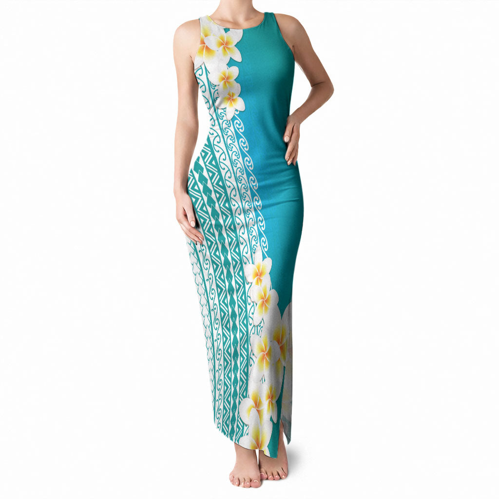 Tahiti Plumeria Tribal Pattern Tank Maxi Dress Wave Style Turquoise