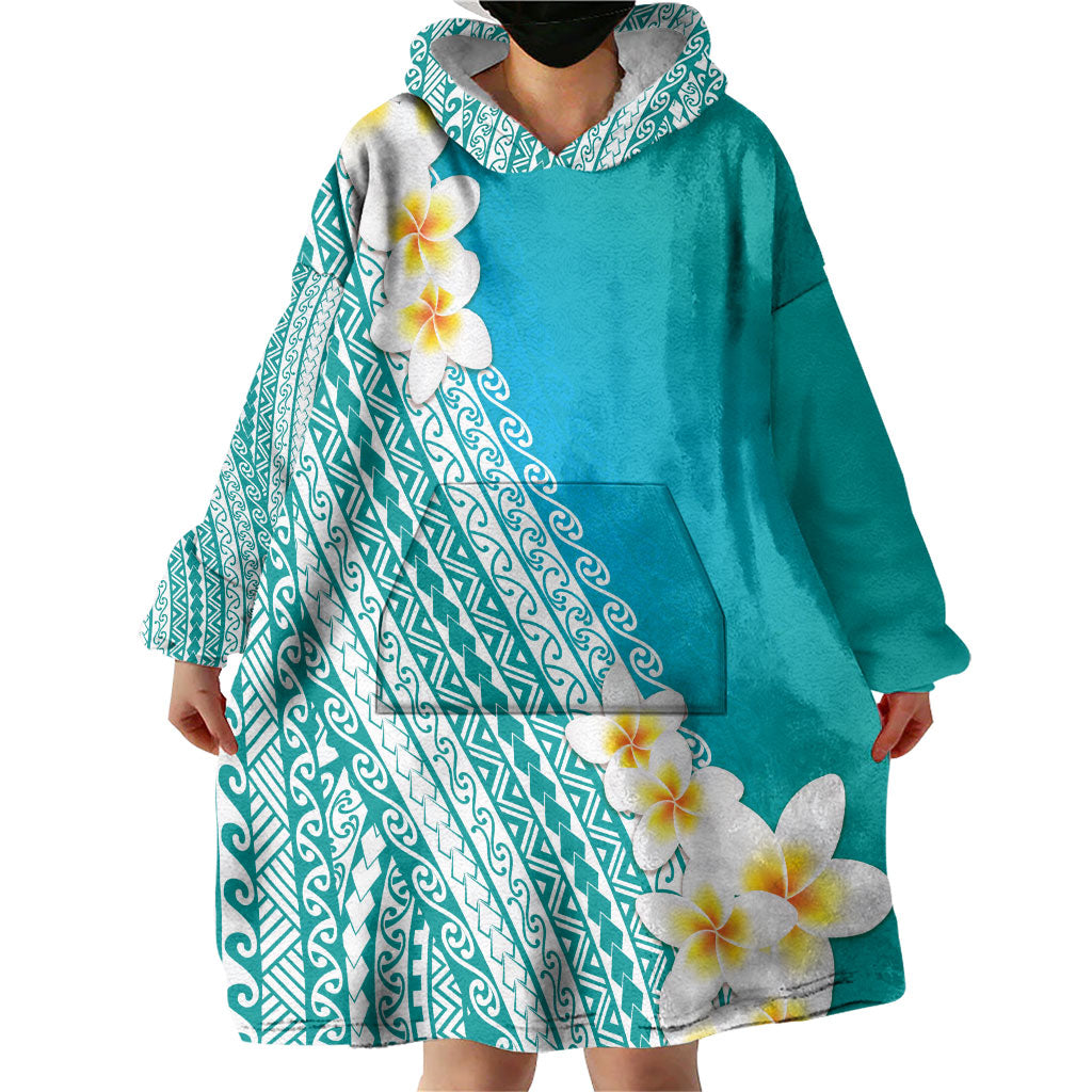 Tahiti Plumeria Tribal Pattern Wearable Blanket Hoodie Wave Style Turquoise LT05 - Polynesian Pride