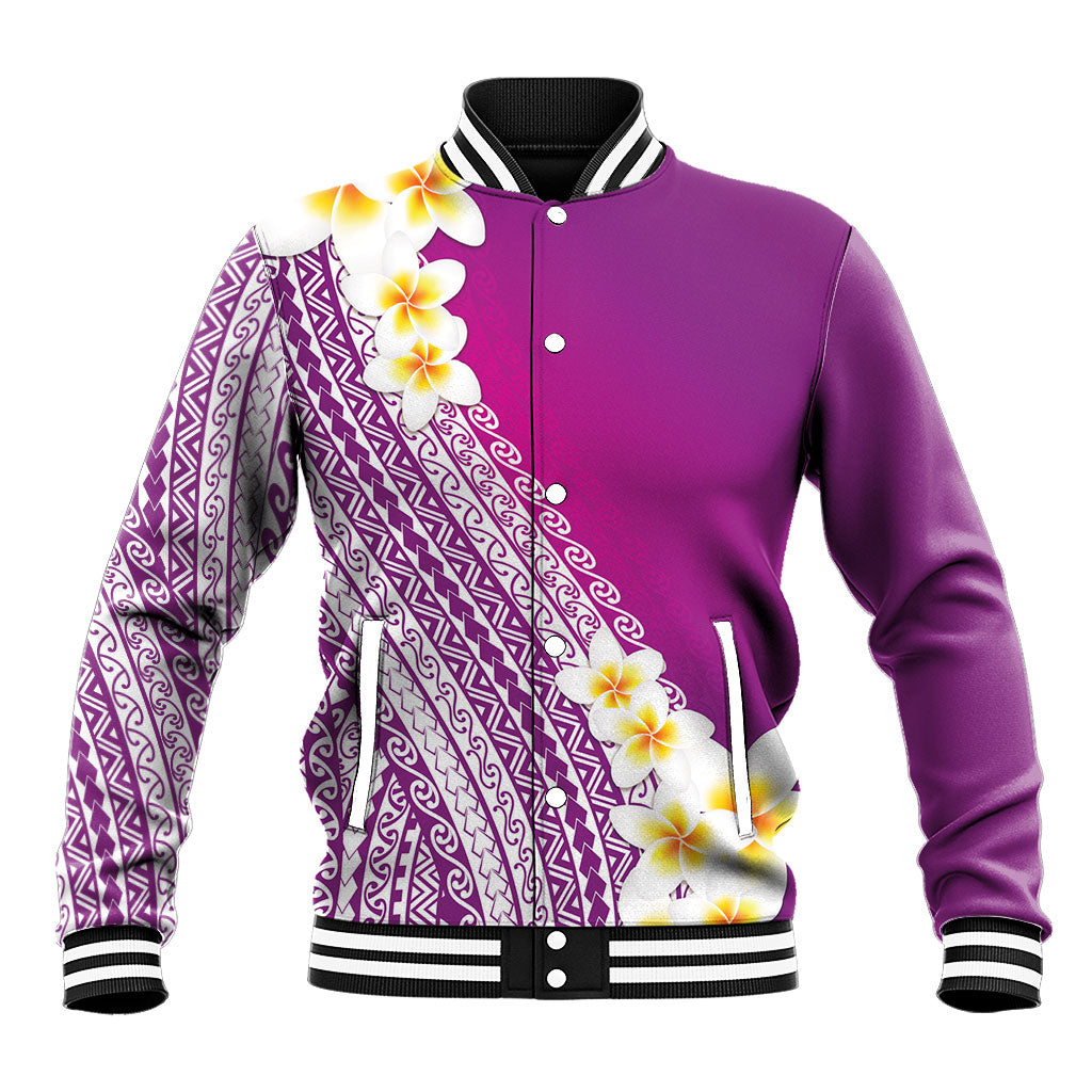 Tahiti Plumeria Tribal Pattern Baseball Jacket Wave Style Purple