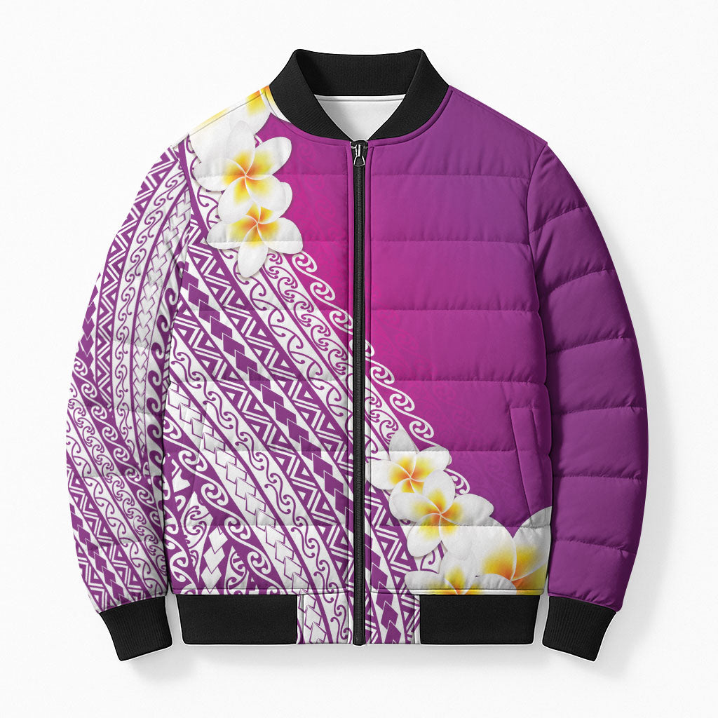 Tahiti Plumeria Tribal Pattern Bomber Puffer Jacket Wave Style Purple LT05 Unisex Purple - Polynesian Pride