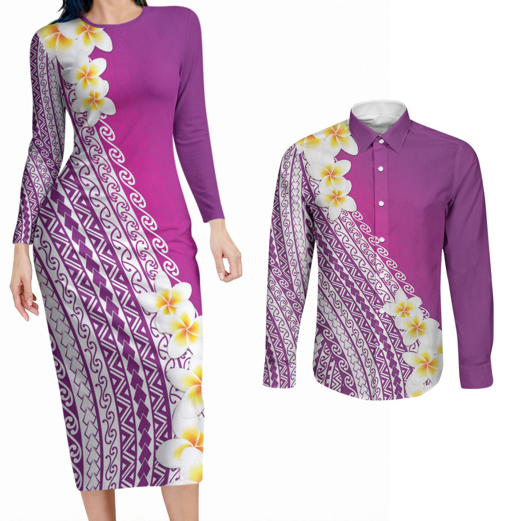 Tahiti Plumeria Tribal Pattern Couples Matching Long Sleeve Bodycon Dress and Long Sleeve Button Shirt Wave Style Purple LT05 Purple - Polynesian Pride