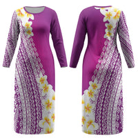 Tahiti Plumeria Tribal Pattern Couples Matching Long Sleeve Bodycon Dress and Long Sleeve Button Shirt Wave Style Purple LT05 - Polynesian Pride