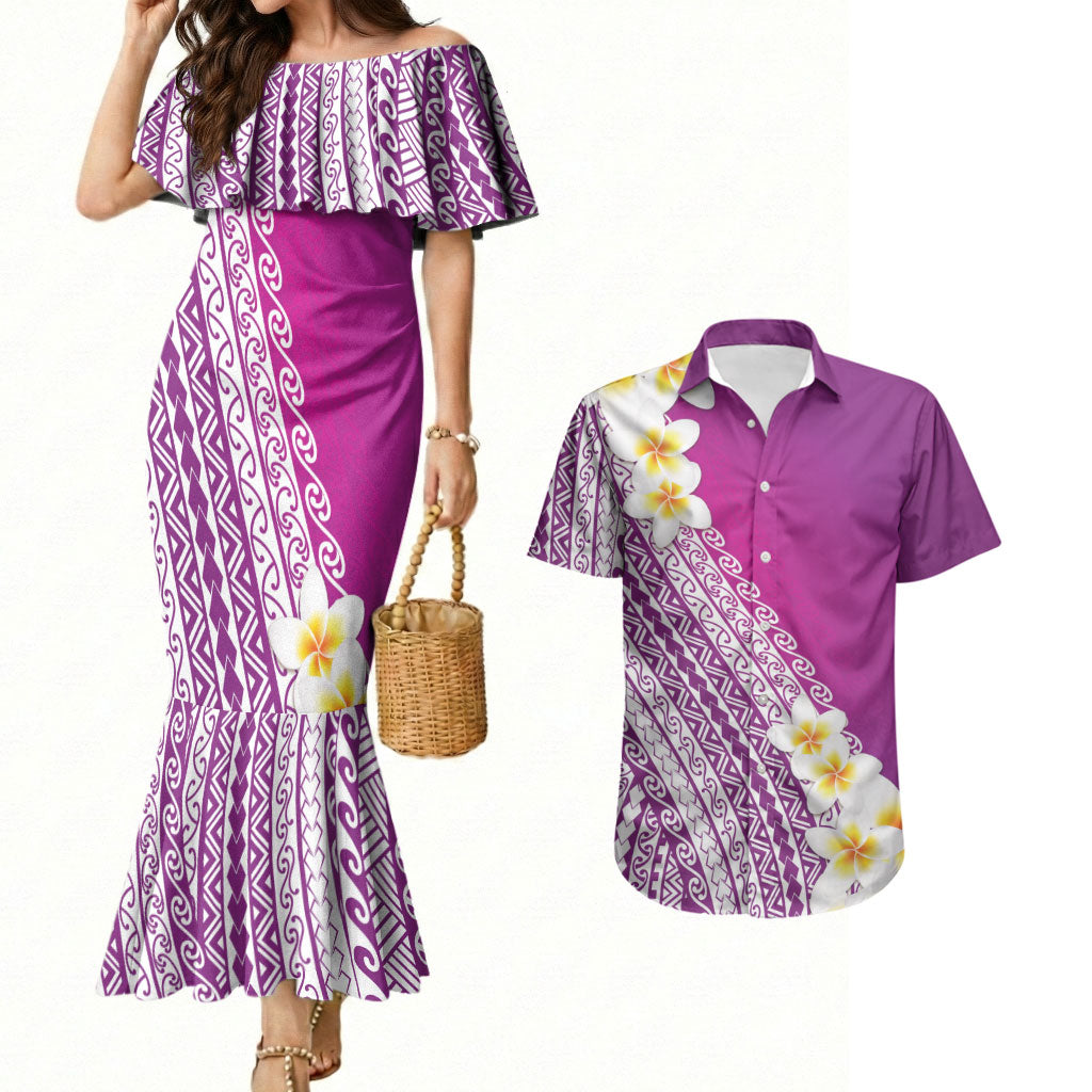 Tahiti Plumeria Tribal Pattern Couples Matching Mermaid Dress and Hawaiian Shirt Wave Style Purple LT05 Purple - Polynesian Pride