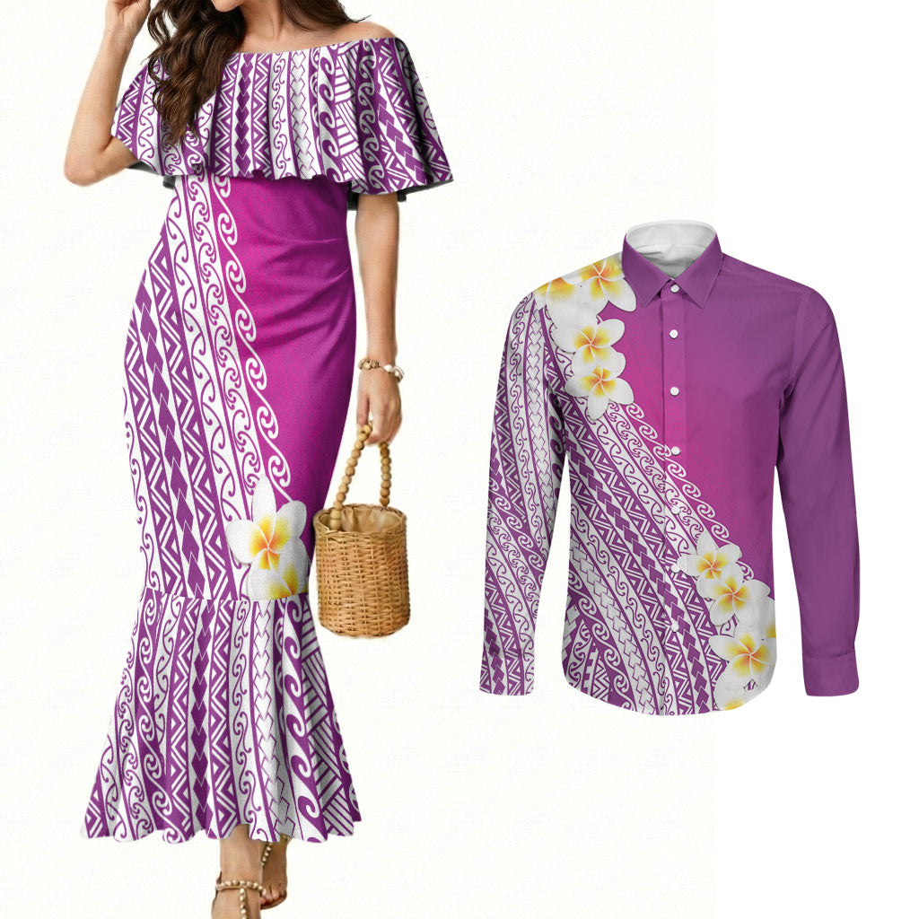 Tahiti Plumeria Tribal Pattern Couples Matching Mermaid Dress and Long Sleeve Button Shirt Wave Style Purple LT05 Purple - Polynesian Pride