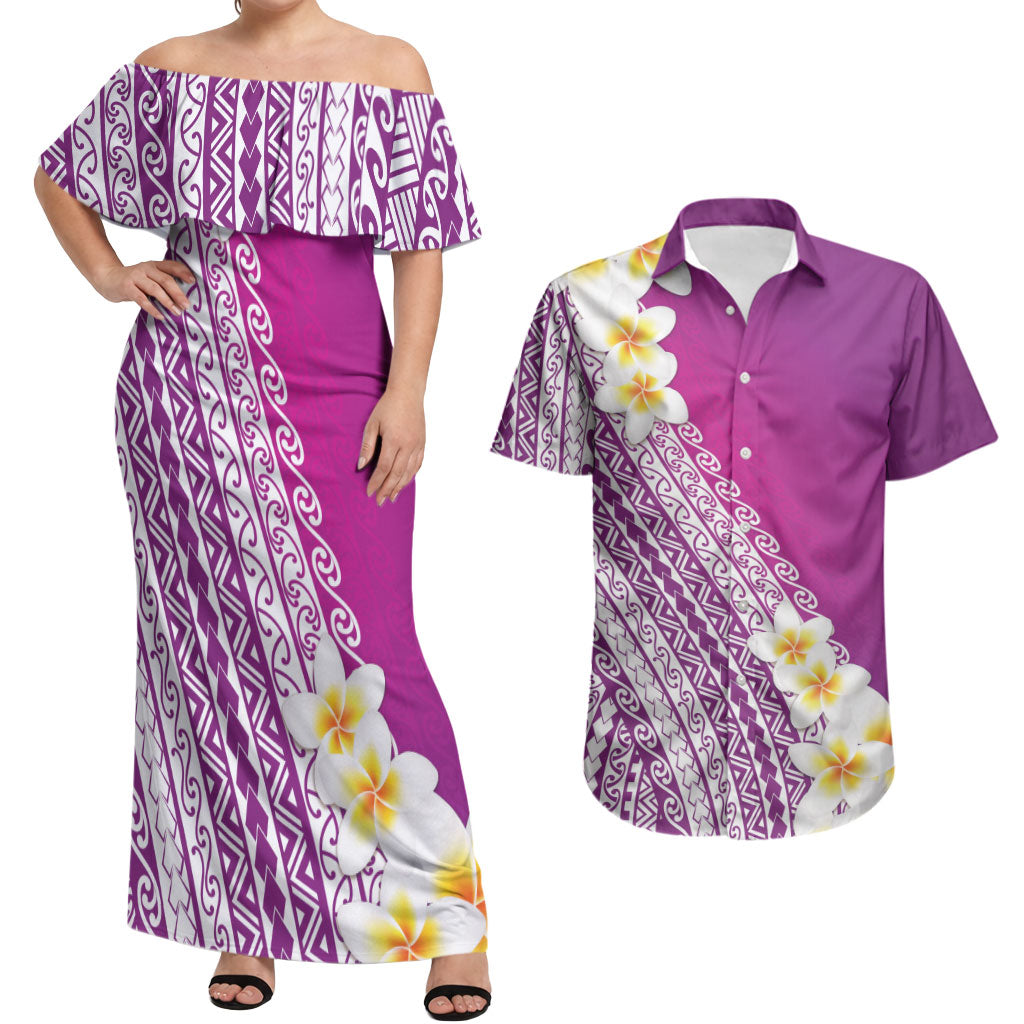 Tahiti Plumeria Tribal Pattern Couples Matching Off Shoulder Maxi Dress and Hawaiian Shirt Wave Style Purple LT05 Purple - Polynesian Pride