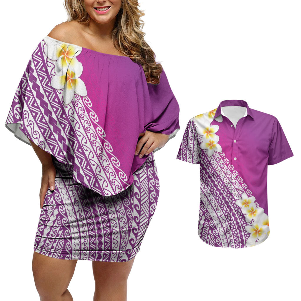 Tahiti Plumeria Tribal Pattern Couples Matching Off Shoulder Short Dress and Hawaiian Shirt Wave Style Purple LT05 Purple - Polynesian Pride