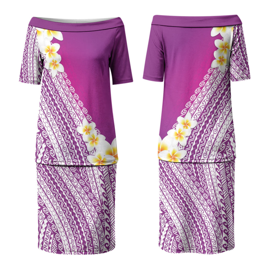 Tahiti Plumeria Tribal Pattern Couples Matching Puletasi and Long Sleeve Button Shirt Wave Style Purple LT05 - Polynesian Pride